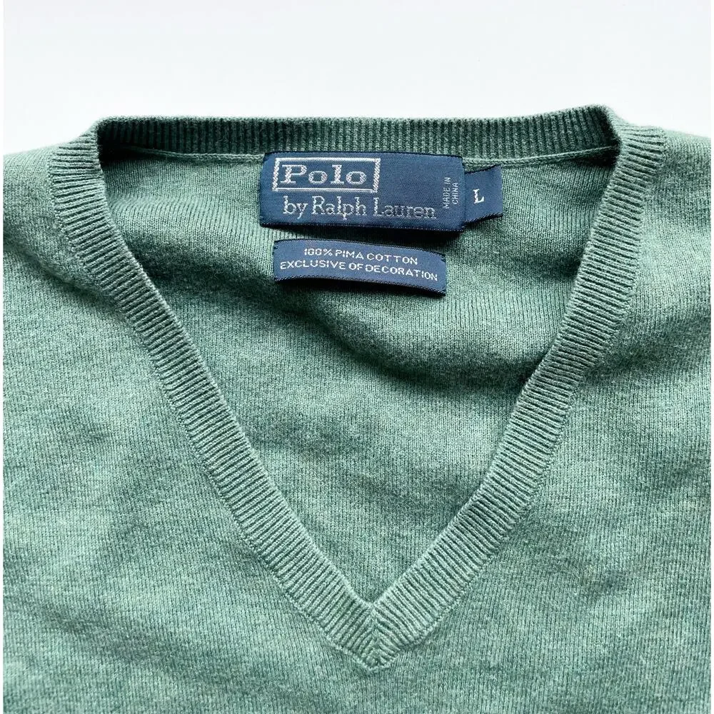 Men's Polo Ralph Lauren Green V-Neck Pima Cotton Sweater Size Large